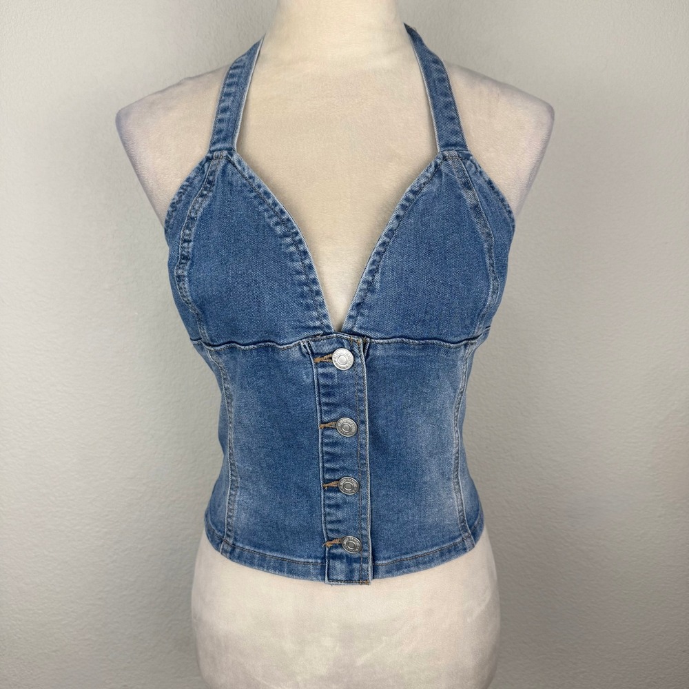 Womens Blue Denim Halter Button Down Smocked Back Crop Top Medium Wash Western